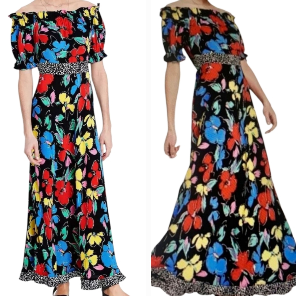 Target RIXO Designer Collection Black Floral Off Shoulder Puff Sleeve Dress Smal